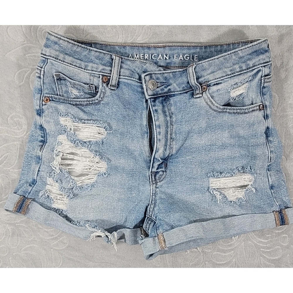 American Eagle Stretch Fit Mom Jean Shorts Women's Size 4 Distressed Denim Blue